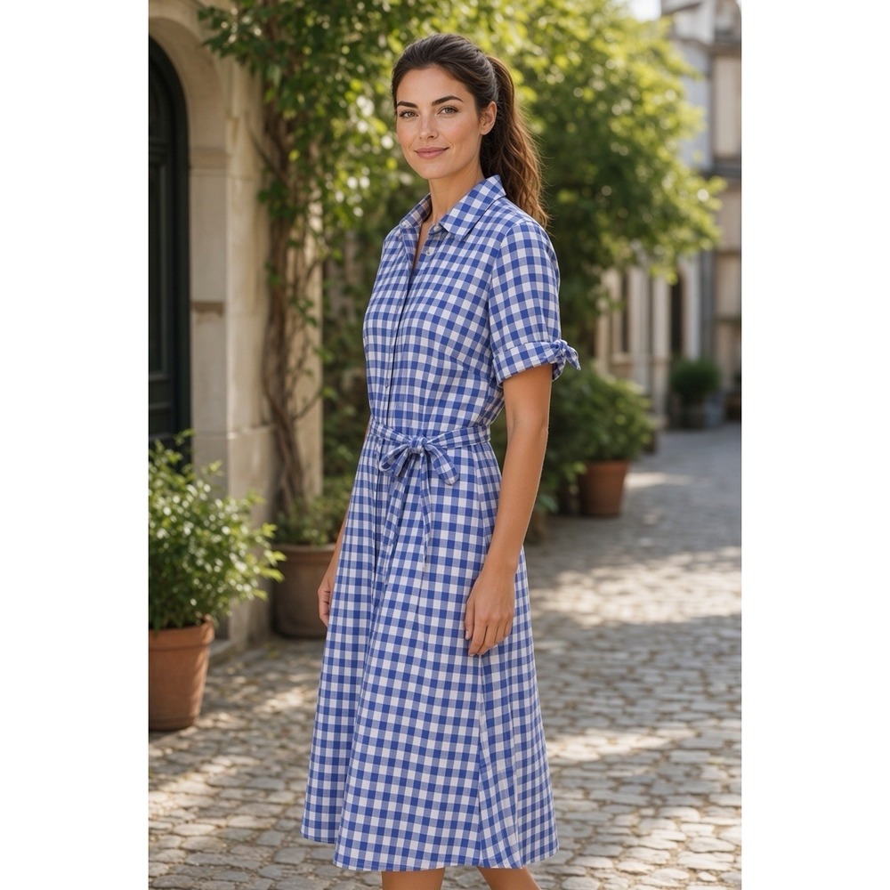 Talbots Sz 10 Blue Gingham Shirt Dress Button Front Pockets Tie Belt MIDI Dress
